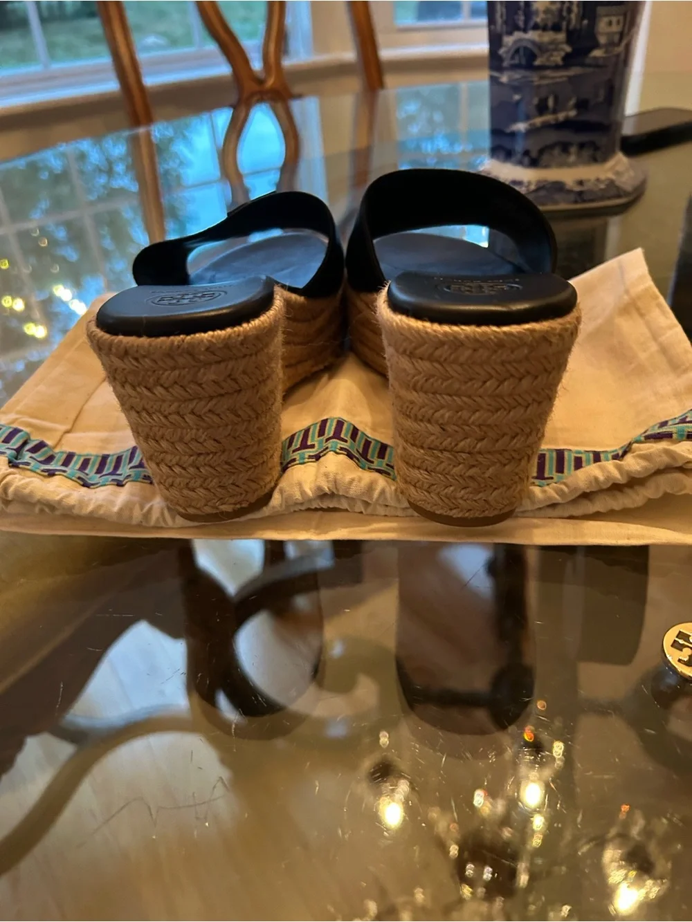 Tory Burch Weston Black Leather Espadrille Slide Mules 6.5